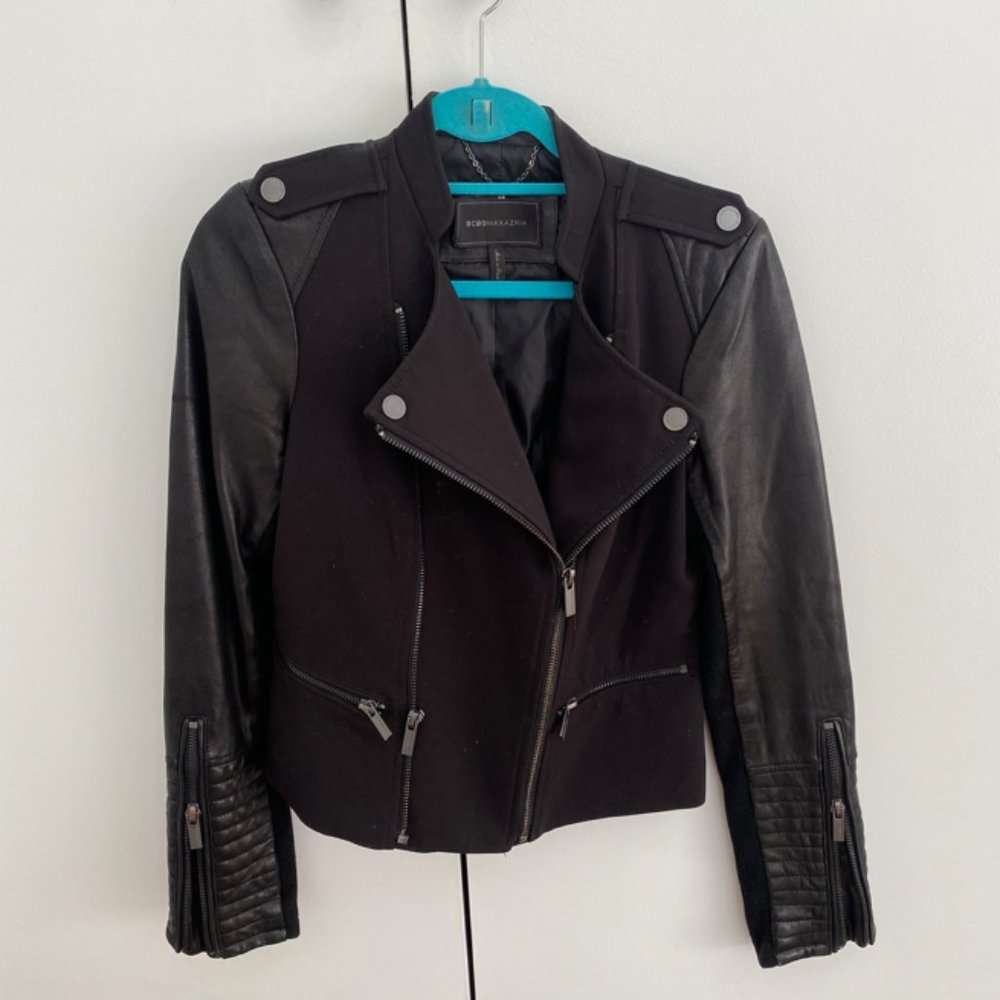 BCBG Black Leather Sleeve Moto Jacket Size S